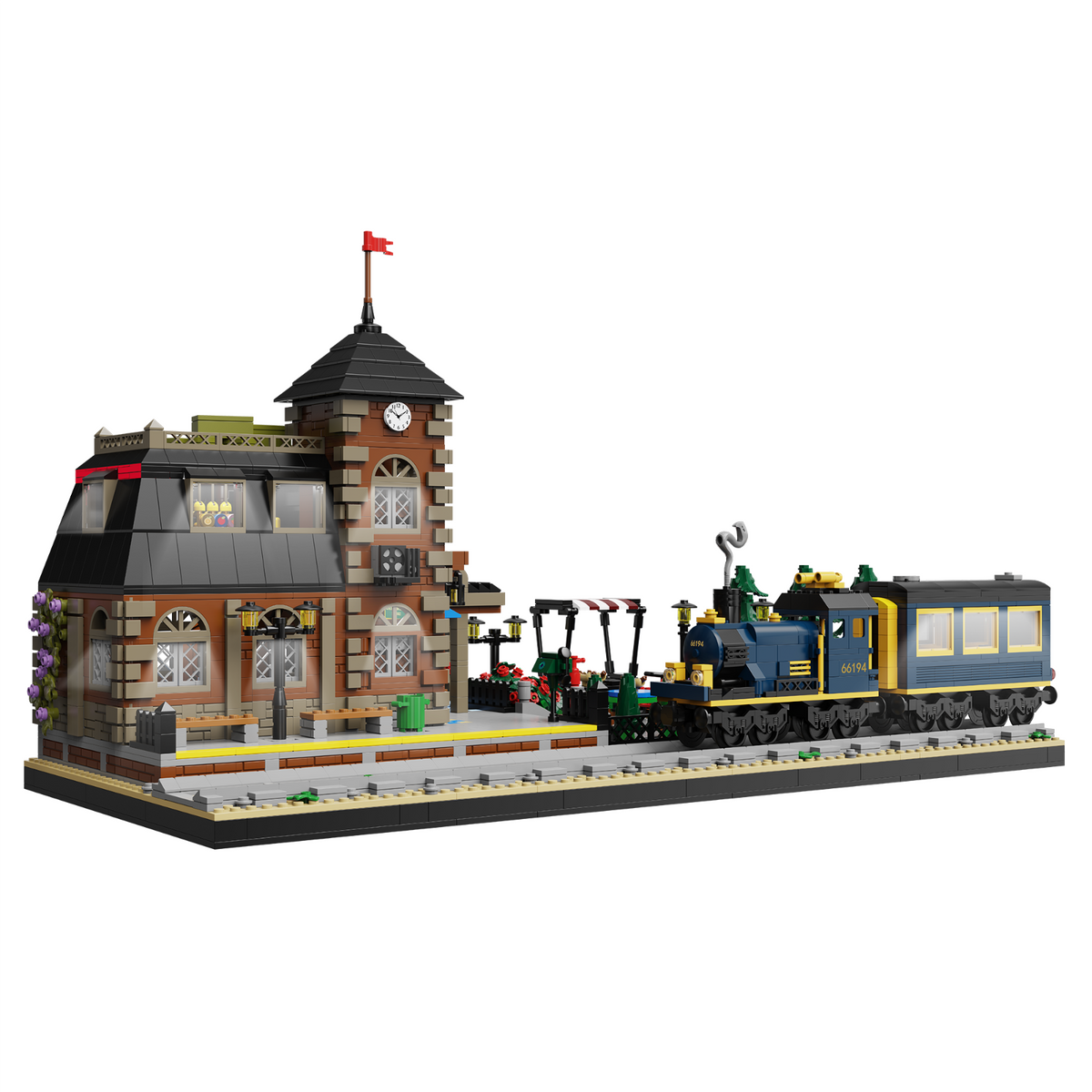 European Train Station Building Blocks Set with Rolling Steam Locomotive for Kid