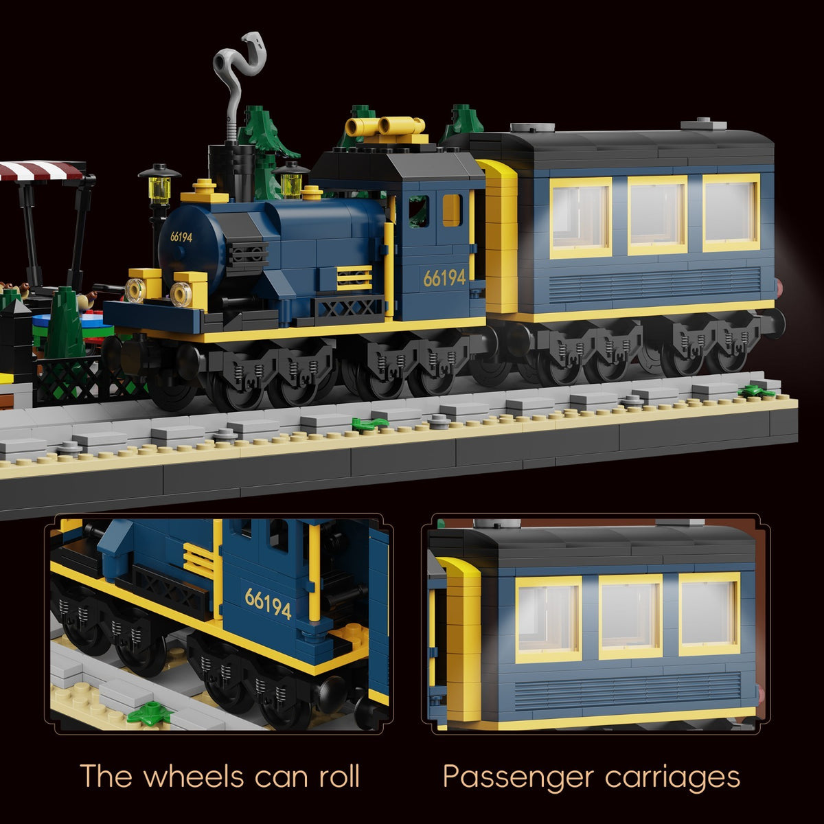 European Train Station Building Blocks Set with Rolling Steam Locomotive for Kid