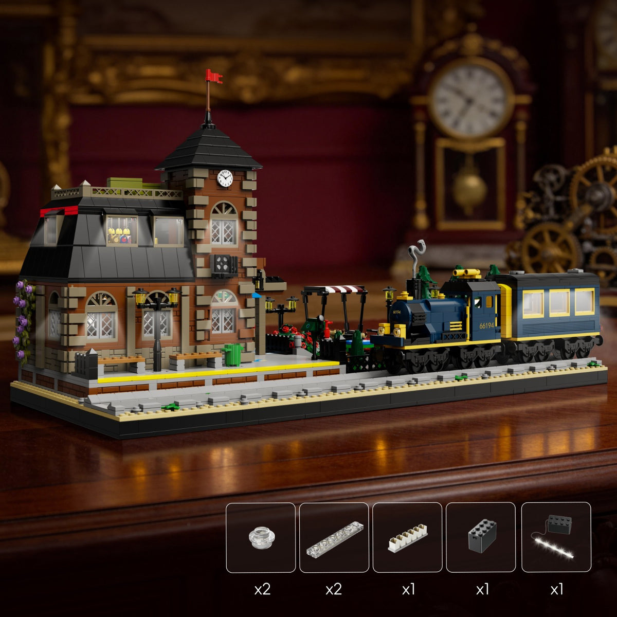 European Train Station Building Blocks Set with Rolling Steam Locomotive for Kid