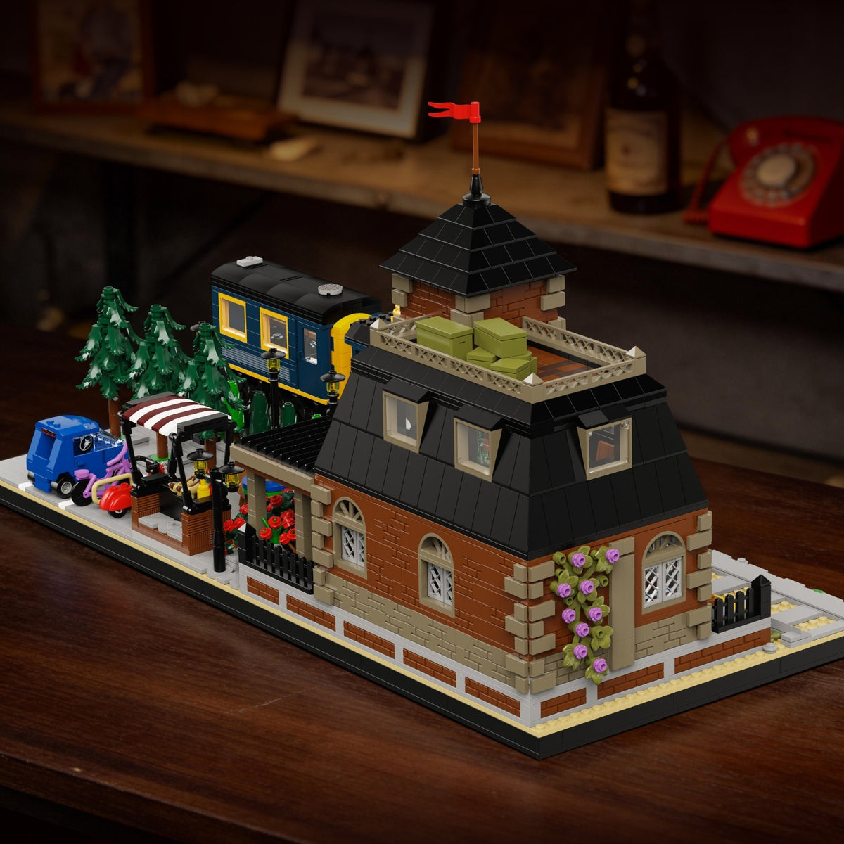 European Train Station Building Blocks Set with Rolling Steam Locomotive for Kid
